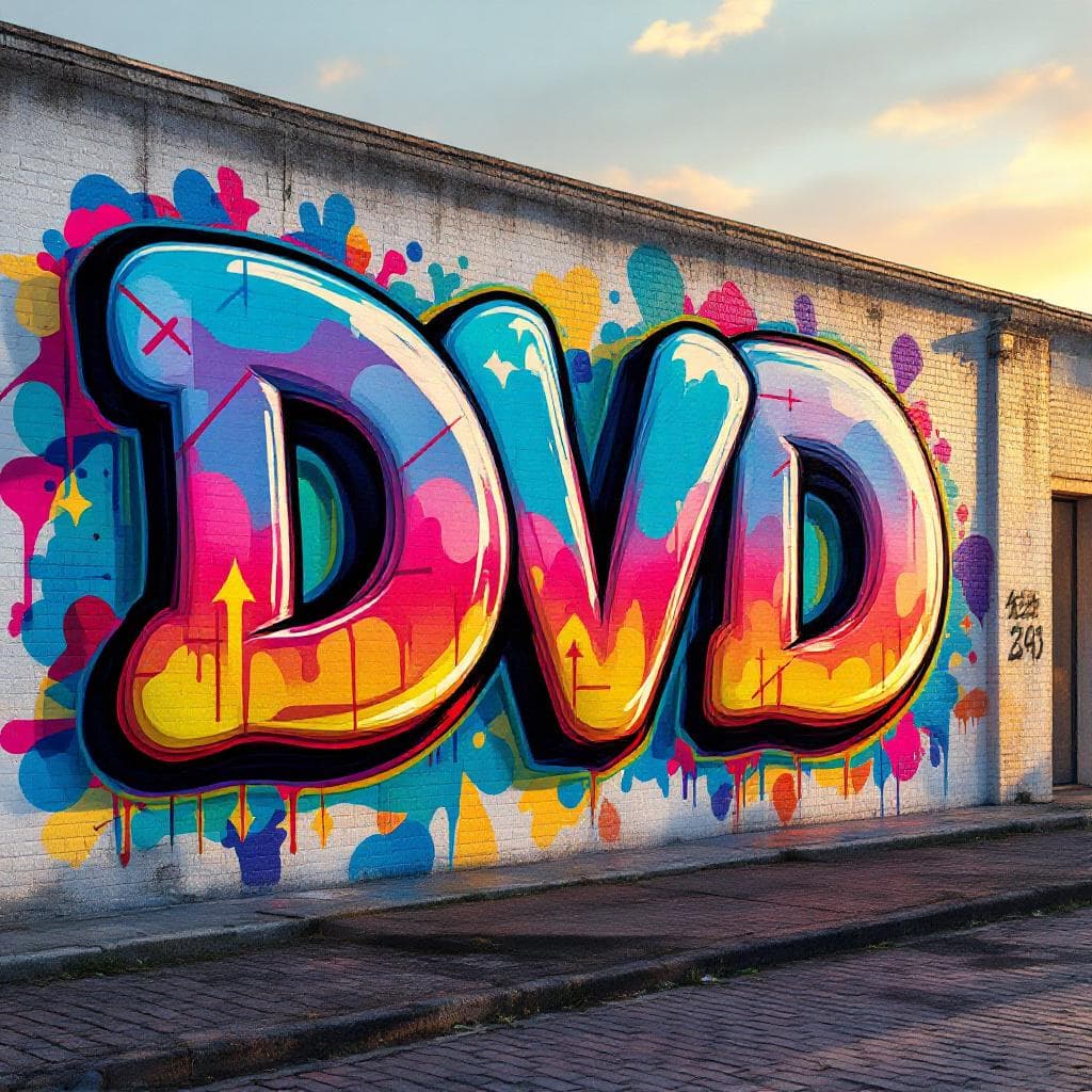 โ3D graffiti of the word โDVDโ in rounded bubble letters, colorful gradient, cartoon street wall style, vibrant and playful urban graffiti, bright colors, paint drips, and spray effects.โ