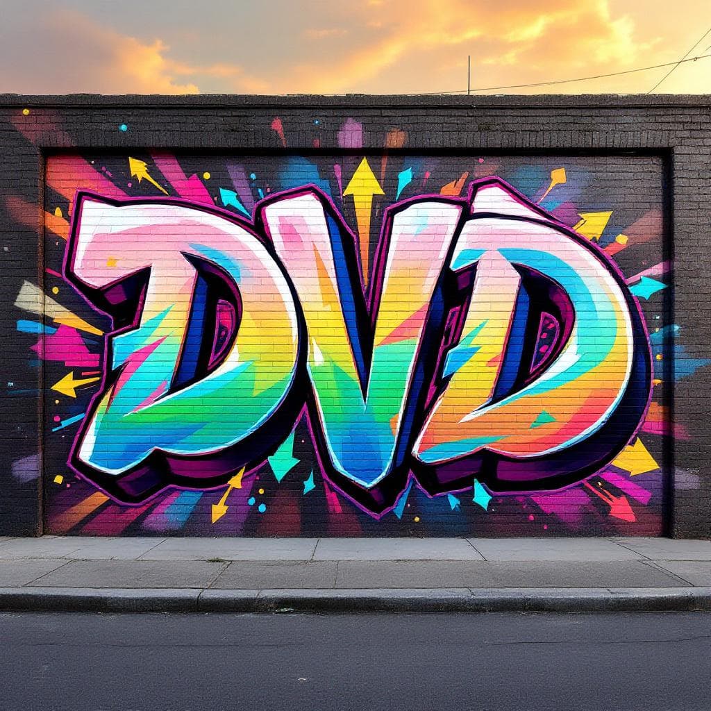wildstyle art: “3D graffiti text of the word ‘DVD’ in rounded bubble letters, colorful gradient, bright and vivid colors, realistic depth and shadows, urban wall background, dynamic street art style.”. This wildstyle graffiti piece represents a unique interpretation of "“3D graffiti text of the word ‘DVD’ in rounded bubble letters, colorful gradient, bright and vivid colors, realistic depth and shadows, urban wall background, dynamic street art style.”".