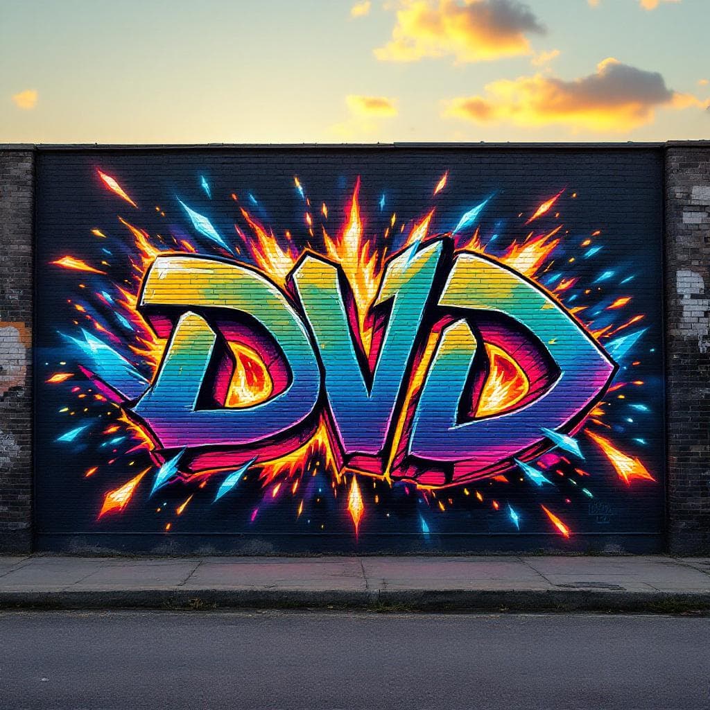A graffiti art with letter "DVD" there are sparks and fire elements around.