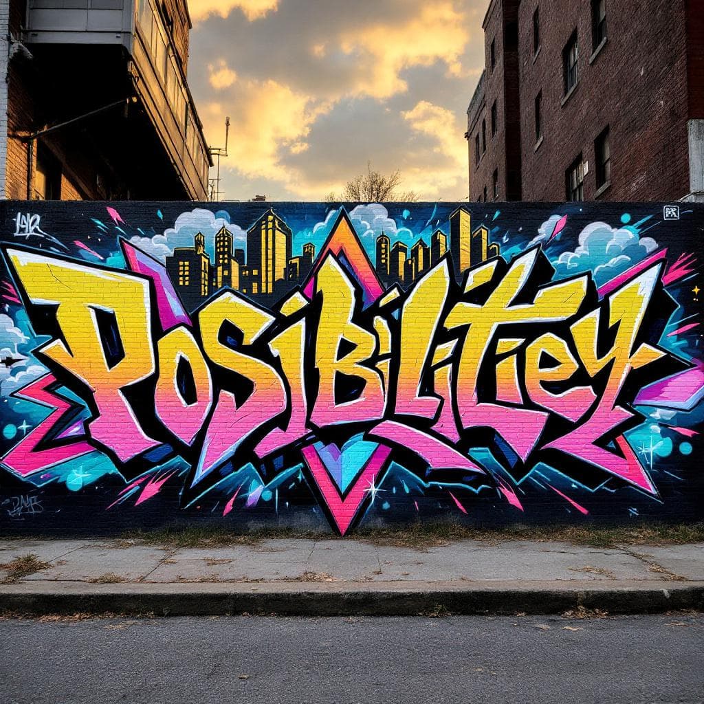 A graffiti art with letter βPossibilitiesβ there are buildings or cityscape and cloud elements around it.
