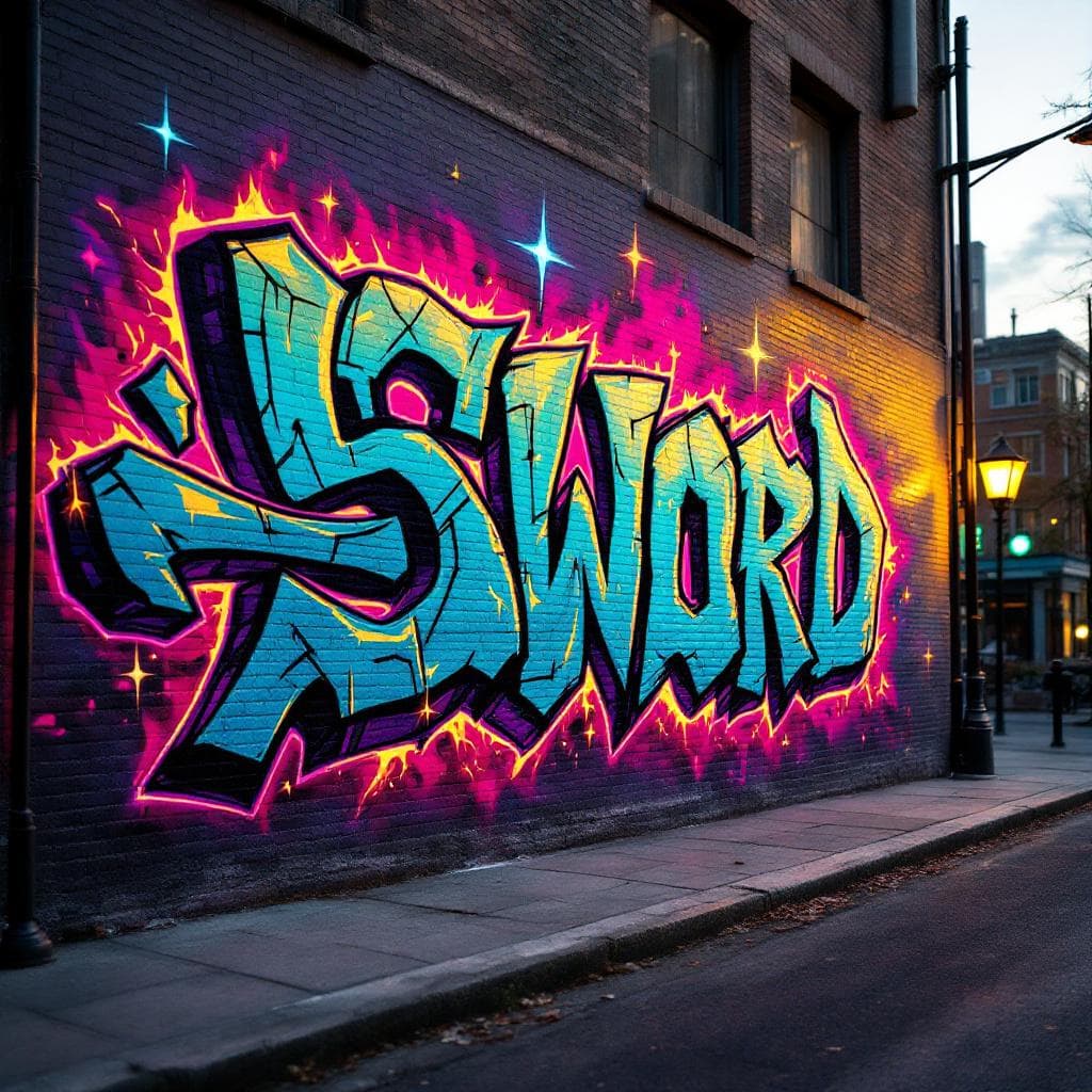 A graffiti art with letter βswordβ. There are sparks and fire elements around