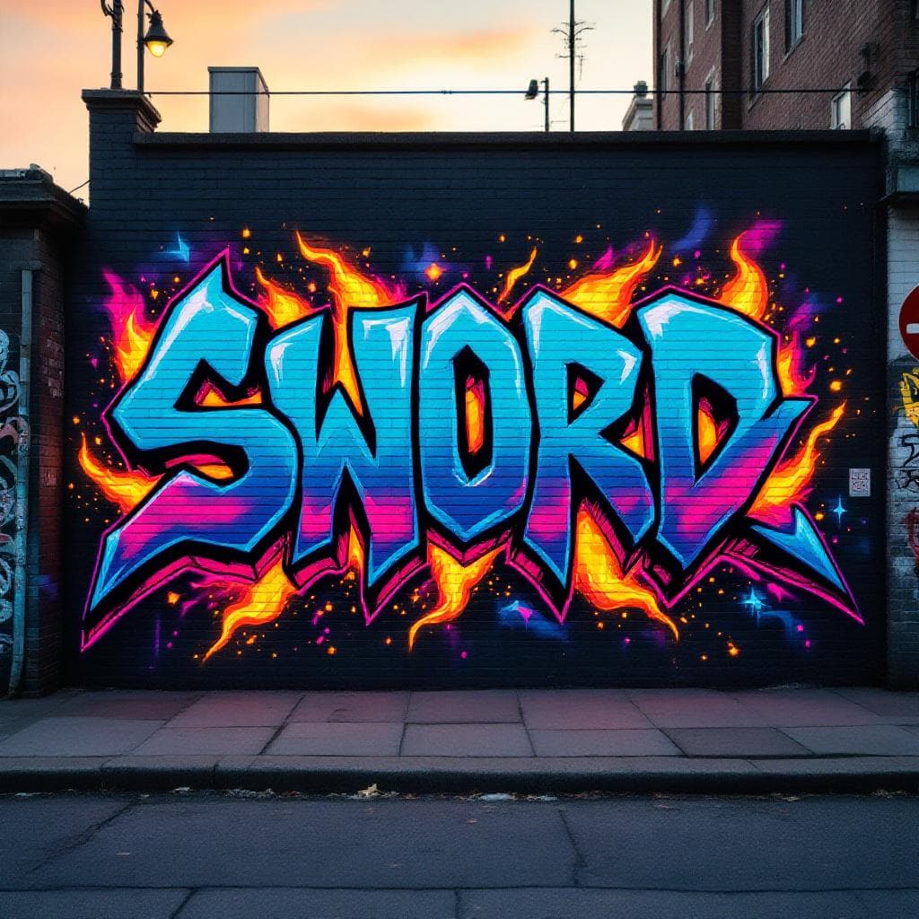 A graffiti art with letter βSWORDβ there are sparks and fire elements around.
