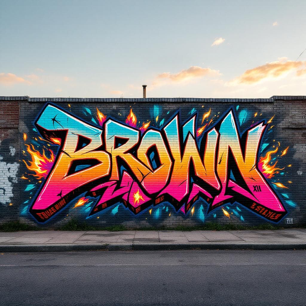 A graffiti art with letter "TRUE BROWN STYLE XIII" there are sparks and fire elements around.