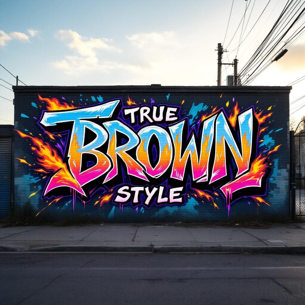 A graffiti art with letter "TRUE BROWN STYLE" there are sparks and fire elements around.