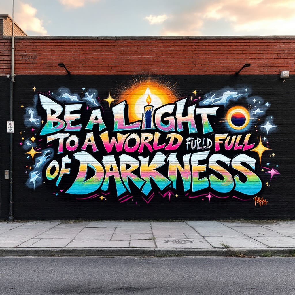 A graffiti art with the words "Be a light to yourself in a world full of darkness". Replace the word light with a "candle ".Replace the word "world" with a silhouette of the world and replace the world "darkness with an eclipse. With a plain background