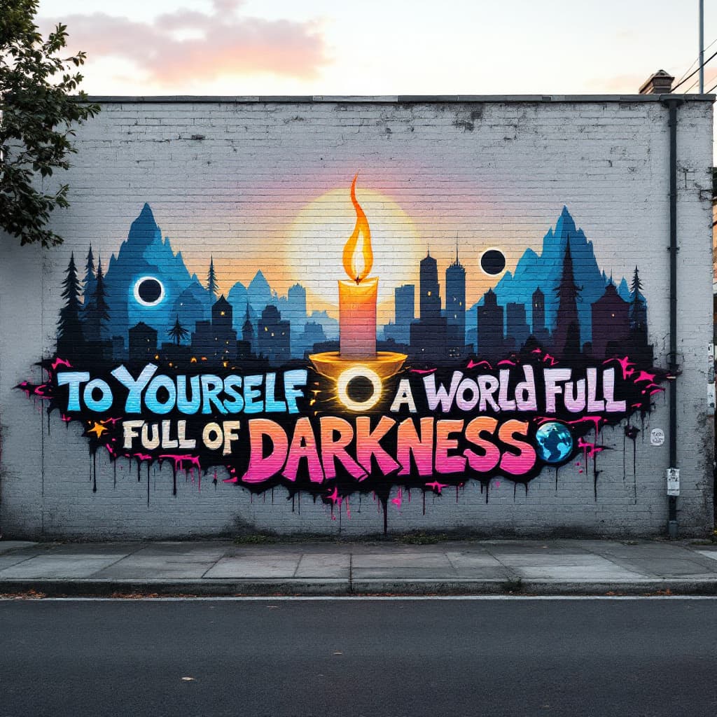 3d-style graffiti: A graffiti art with the words "Be a light to yourself in a world full of darkness". Replace the word light with a "candle ".Replace the word "world" with a silhouette of the world and replace the world "darkness with an eclipse. With a plain background