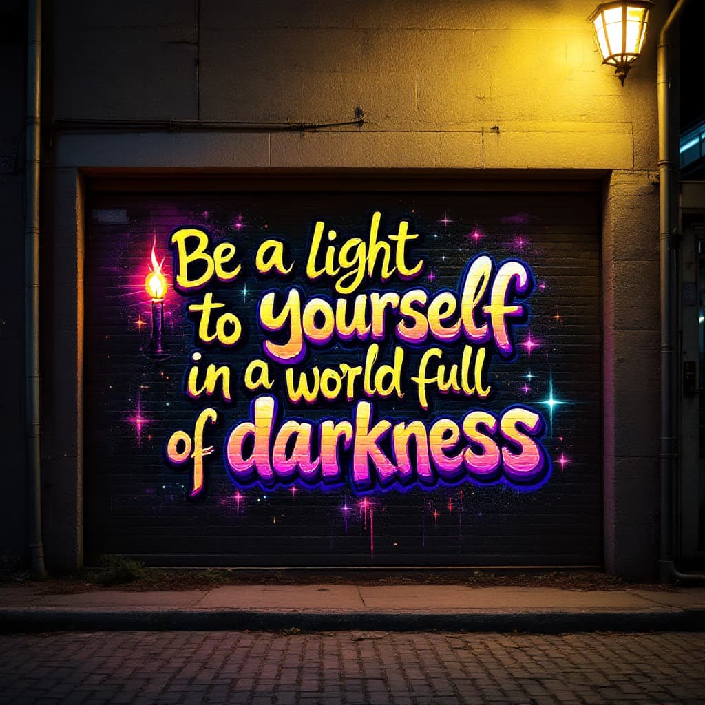classic graffiti: A graffiti art with the words "Be a light to yourself in a world full of darkness". Replace the word light with a "candle ".Replace the word "world" with a silhouette of the world and replace the world "darkness with an eclipse. With a plain background