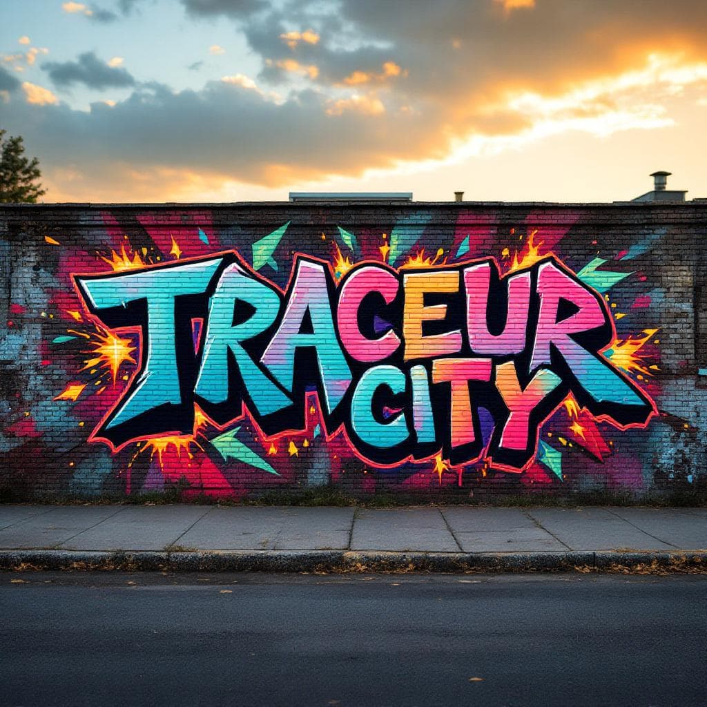 a graffity art with letter "TRACEUR CITY" there are sparks and fire elements around