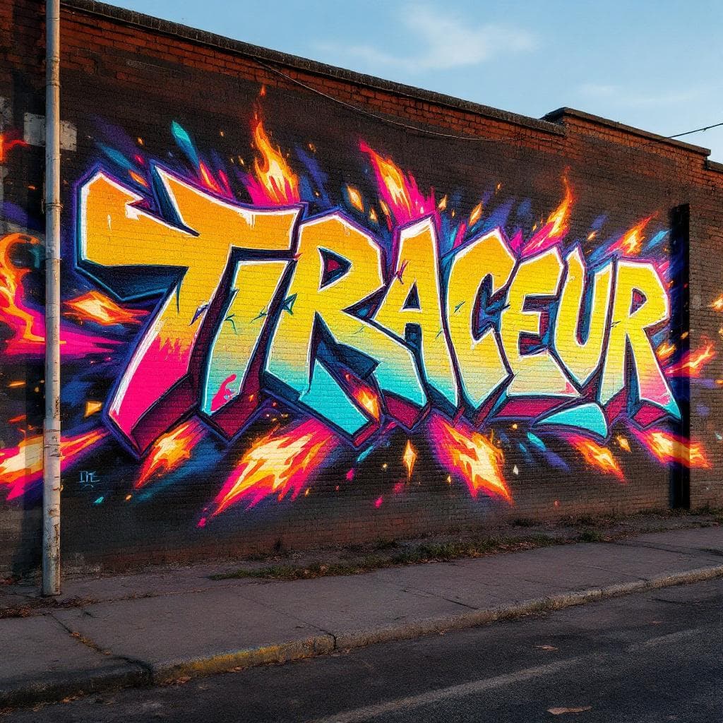 a graffity art with letter "TRACEUR CITY" there are sparks and fire elements around