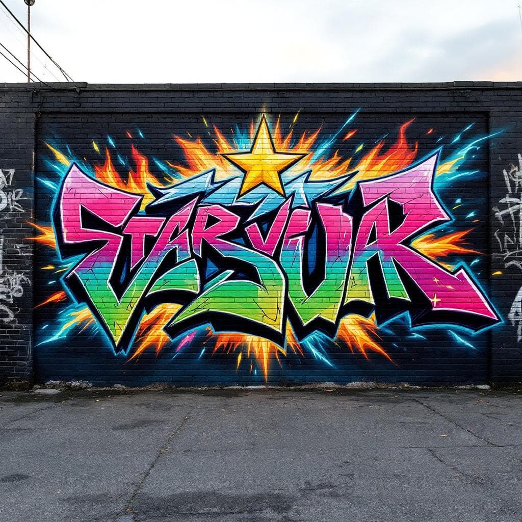 wildstyle graffiti: A grafiti art with letter "STAR VISUAL" there are sparks and fire elements around