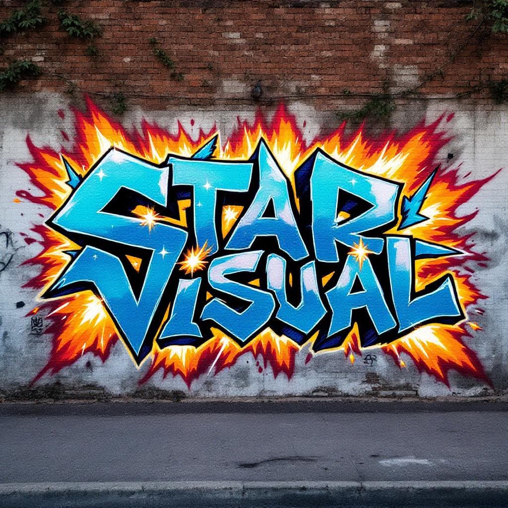 wildstyle graffiti: A grafiti art with letter "STAR VISUAL" there are sparks and fire elements around