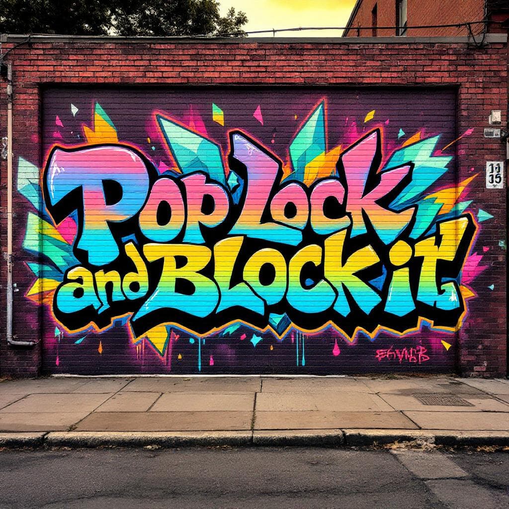wildstyle art: a logo with the name 'Pop, Lock, and Block It' with a rainbow ombre effect in a wildstyle font. Experience the bold expression of "a logo with the name 'Pop, Lock, and Block It' with a rainbow ombre effect in a wildstyle font" in this captivating wildstyle design.