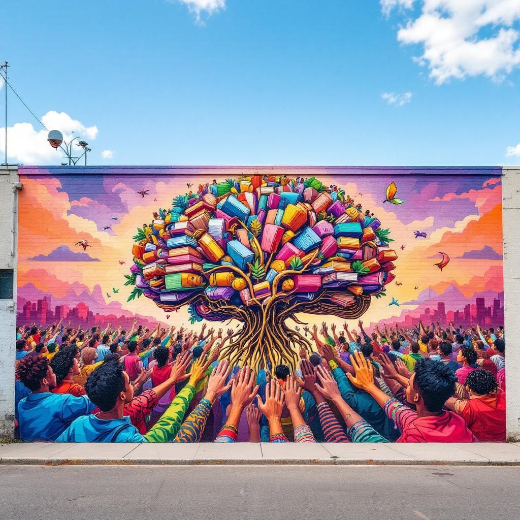 wildstyle art: A mural of diverse students from around the world holding hands around a giant floating brain made of books, circuits, and roots, spray-painted with bright urban textures and cultural patterns. Experience the bold expression of "A mural of diverse students from around the world holding hands around a giant floating brain made of books, circuits, and roots, spray-painted with bright urban textures and cultural patterns" in this captivating wildstyle design.