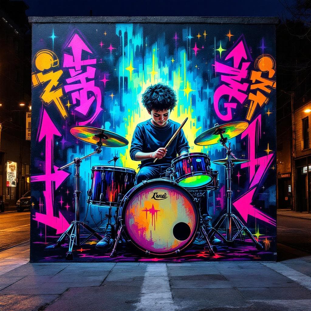 wildstyle art: "A vibrant graffiti-style artwork of a young boy sitting on a drum set, fully lost in the music, playing drums with total energy and passion. Bold neon colors, dynamic spray-paint textures, street-art vibes, thick black outlines, expressive motion strokes around the drumsticks, dripping paint effects, wall mural style, urban hip-hop atmosphere, powerful highlights and shadows, energetic movement lines, highly stylized, modern graffiti illustration.". Witness the creative fusion of ""A vibrant graffiti-style artwork of a young boy sitting on a drum set, fully lost in the music, playing drums with total energy and passion. Bold neon colors, dynamic spray-paint textures, street-art vibes, thick black outlines, expressive motion strokes around the drumsticks, dripping paint effects, wall mural style, urban hip-hop atmosphere, powerful highlights and shadows, energetic movement lines, highly stylized, modern graffiti illustration."" expressed through wildstyle artistry.