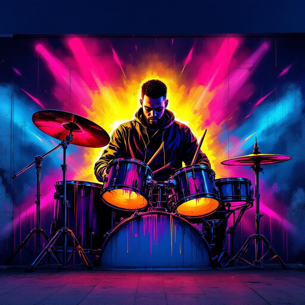 wildstyle art: "A vibrant graffiti-style artwork of an adult man sitting on a drum set, deeply immersed in playing, full energy and passion. Neon spray-paint colors, bold outlines, dynamic street-art strokes. Strong dramatic lighting from behind and above, colorful rim-lights reflecting on the drums, soft fog and smoke effects around the scene creating depth. Light rays cutting through the fog, dripping paint texture, urban wall mural look, high contrast, energetic motion lines, expressive street-art vibe.". Experience the bold expression of ""A vibrant graffiti-style artwork of an adult man sitting on a drum set, deeply immersed in playing, full energy and passion. Neon spray-paint colors, bold outlines, dynamic street-art strokes. Strong dramatic lighting from behind and above, colorful rim-lights reflecting on the drums, soft fog and smoke effects around the scene creating depth. Light rays cutting through the fog, dripping paint texture, urban wall mural look, high contrast, energetic motion lines, expressive street-art vibe."" in this captivating wildstyle design.