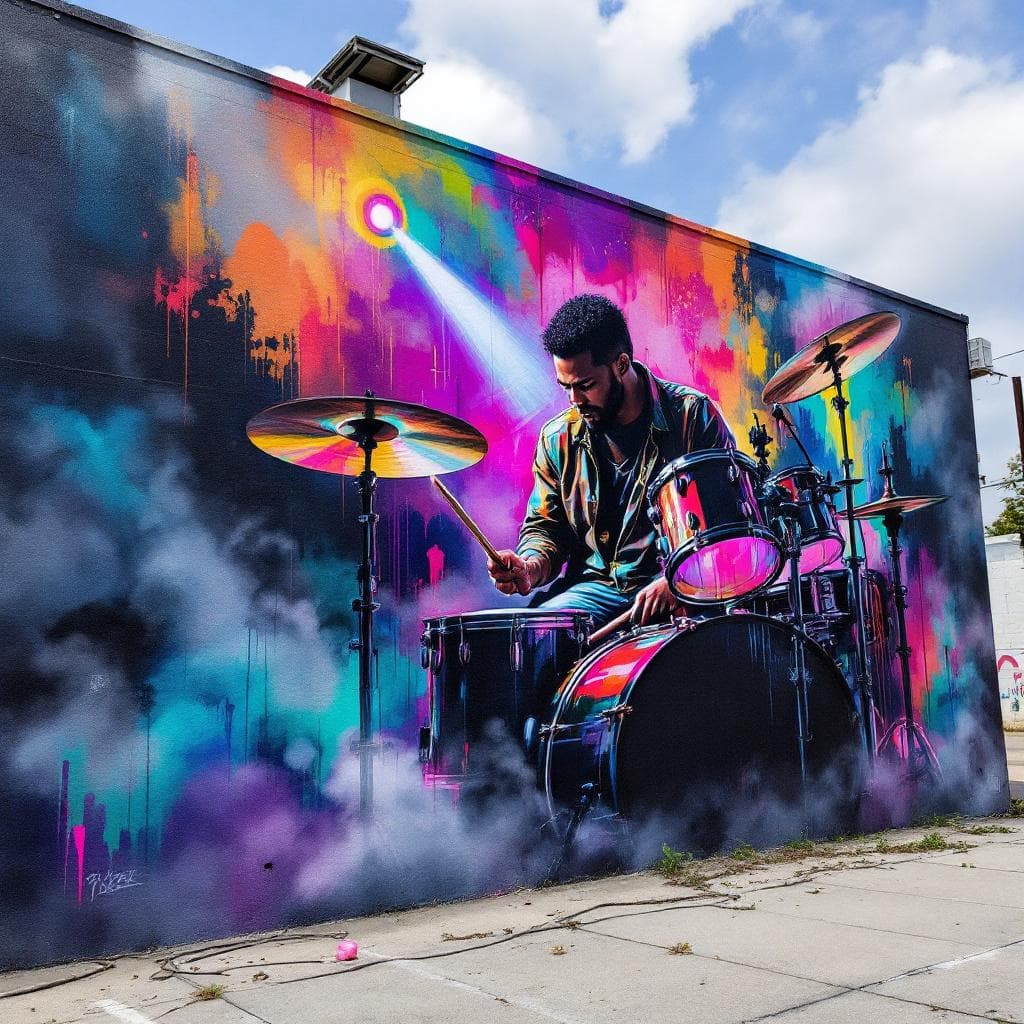 3d-style graffiti: "A vibrant graffiti-style artwork of an adult man sitting on a drum set, deeply immersed in playing, full energy and passion. Neon spray-paint colors, bold outlines, dynamic street-art strokes. Strong dramatic lighting from behind and above, colorful rim-lights reflecting on the drums, soft fog and smoke effects around the scene creating depth. Light rays cutting through the fog, dripping paint texture, urban wall mural look, high contrast, energetic motion lines, expressive street-art vibe."