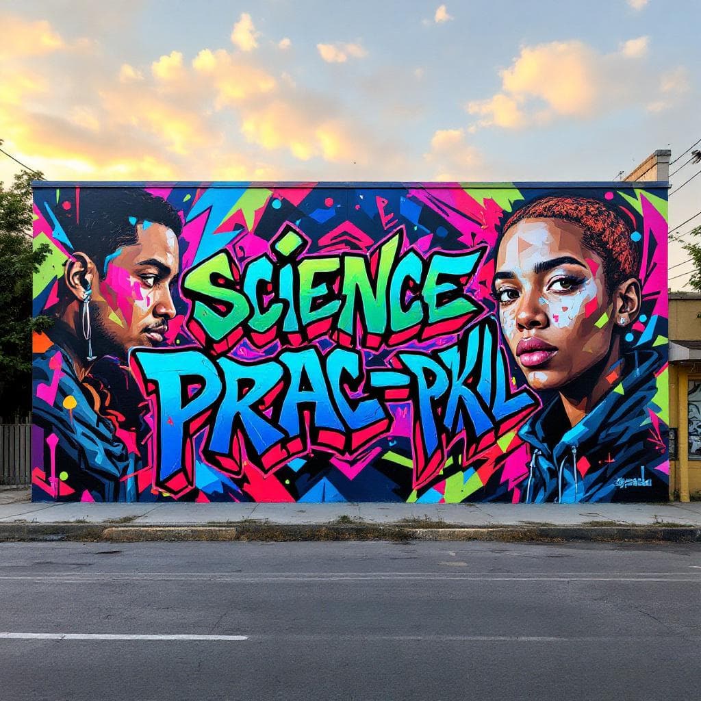 wildstyle graffiti: A wildstyle graffiti that says, "Science Prac-pkL". It must look like it's been drawn on paper and with a very cool design.