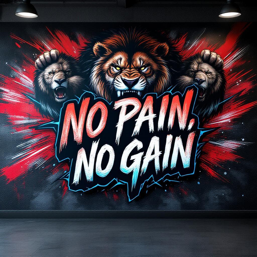 wildstyle graffiti: Craft a bold and high-energy graffiti wall for a fitness gym. Feature powerful imagery like flexing muscles, roaring animals (lion, eagle), dynamic motion lines, and phrases like 'No Pain, No Gain' . Use intense colors like red, black, and electric blue, with a gritty urban street-art style