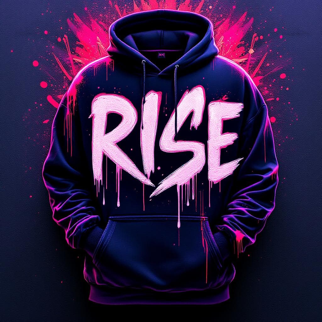Create a graffiti hoodie that delivers a powerful message. Include street-style text with words 'RISE'