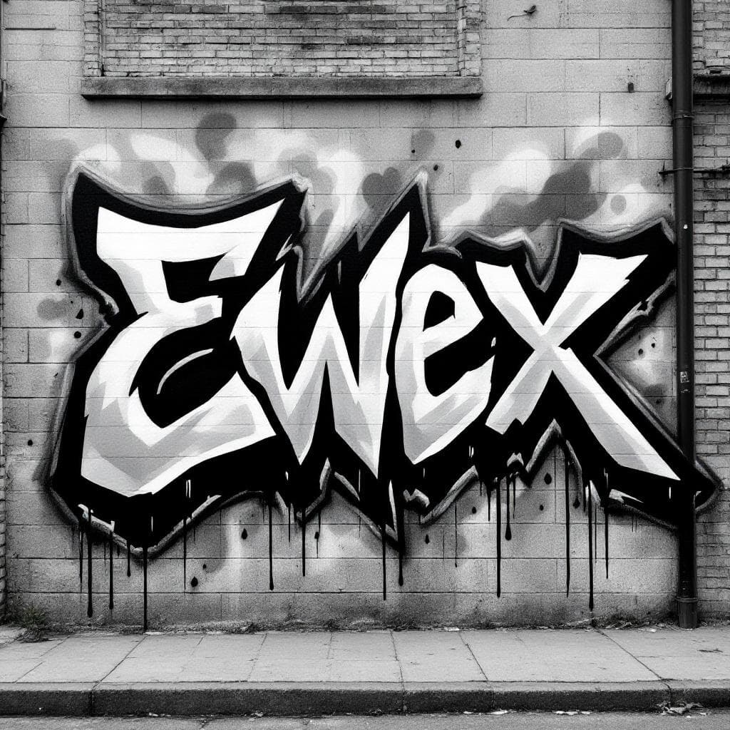 > Create a graffiti tag that says โEwexโ in the style of the Torus Science alphabet โ sharp, flowing strokes with a smoky spray paint effect. The letters should look dynamic, slightly abstract, and have strong calligraphic movement. Use black ink with soft shadows and a metallic background texture.