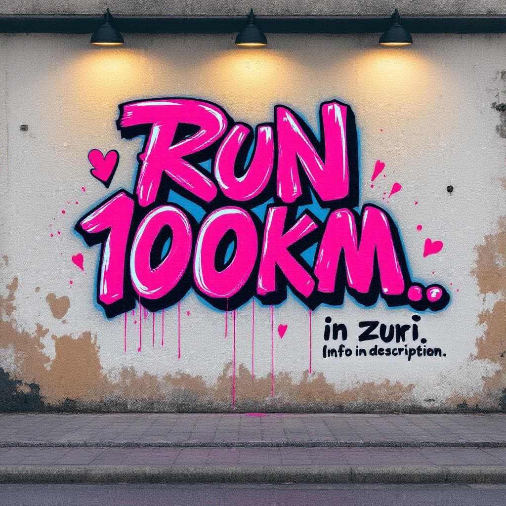 wildstyle art: Create a hyper-realistic graffiti artwork on the wall from the reference image. The graffiti should say “Run 100km in Züri.” in large, bold, flowing letters inspired by the graffiti style in the first reference image.
Use vibrant pink spray paint that looks freshly applied — slightly wet and glossy, with visible drips of paint running down in some areas where too much paint was used. The style should have a street-art tag look, dynamic and expressive, with a few imperfections typical of real graffiti.
Below the main text, near the bottom right corner, spray smaller text that says “Info in description.” in the same color and style but thinner and less intense, as if added quickly.
Make the graffiti appear perfectly integrated with the wall — it should follow the texture, shadows, and lighting of the real wall from the reference image. The lighting should match the dim, slightly yellowish ambient light coming from the top, with soft reflections on the glossy wet paint, but not exaggerated.
Ensure the graffiti looks like it’s on the wall surface, not floating, and that it respects the direction of light and wall perspective.
The overall impression should be authentic, urban, and photo-realistic, as if the graffiti was genuinely sprayed there in real life, blending seamlessly into the environment.. This wildstyle graffiti piece represents a unique interpretation of "Create a hyper-realistic graffiti artwork on the wall from the reference image. The graffiti should say “Run 100km in Züri.” in large, bold, flowing letters inspired by the graffiti style in the first reference image.
Use vibrant pink spray paint that looks freshly applied — slightly wet and glossy, with visible drips of paint running down in some areas where too much paint was used. The style should have a street-art tag look, dynamic and expressive, with a few imperfections typical of real graffiti.
Below the main text, near the bottom right corner, spray smaller text that says “Info in description.” in the same color and style but thinner and less intense, as if added quickly.
Make the graffiti appear perfectly integrated with the wall — it should follow the texture, shadows, and lighting of the real wall from the reference image. The lighting should match the dim, slightly yellowish ambient light coming from the top, with soft reflections on the glossy wet paint, but not exaggerated.
Ensure the graffiti looks like it’s on the wall surface, not floating, and that it respects the direction of light and wall perspective.
The overall impression should be authentic, urban, and photo-realistic, as if the graffiti was genuinely sprayed there in real life, blending seamlessly into the environment.".