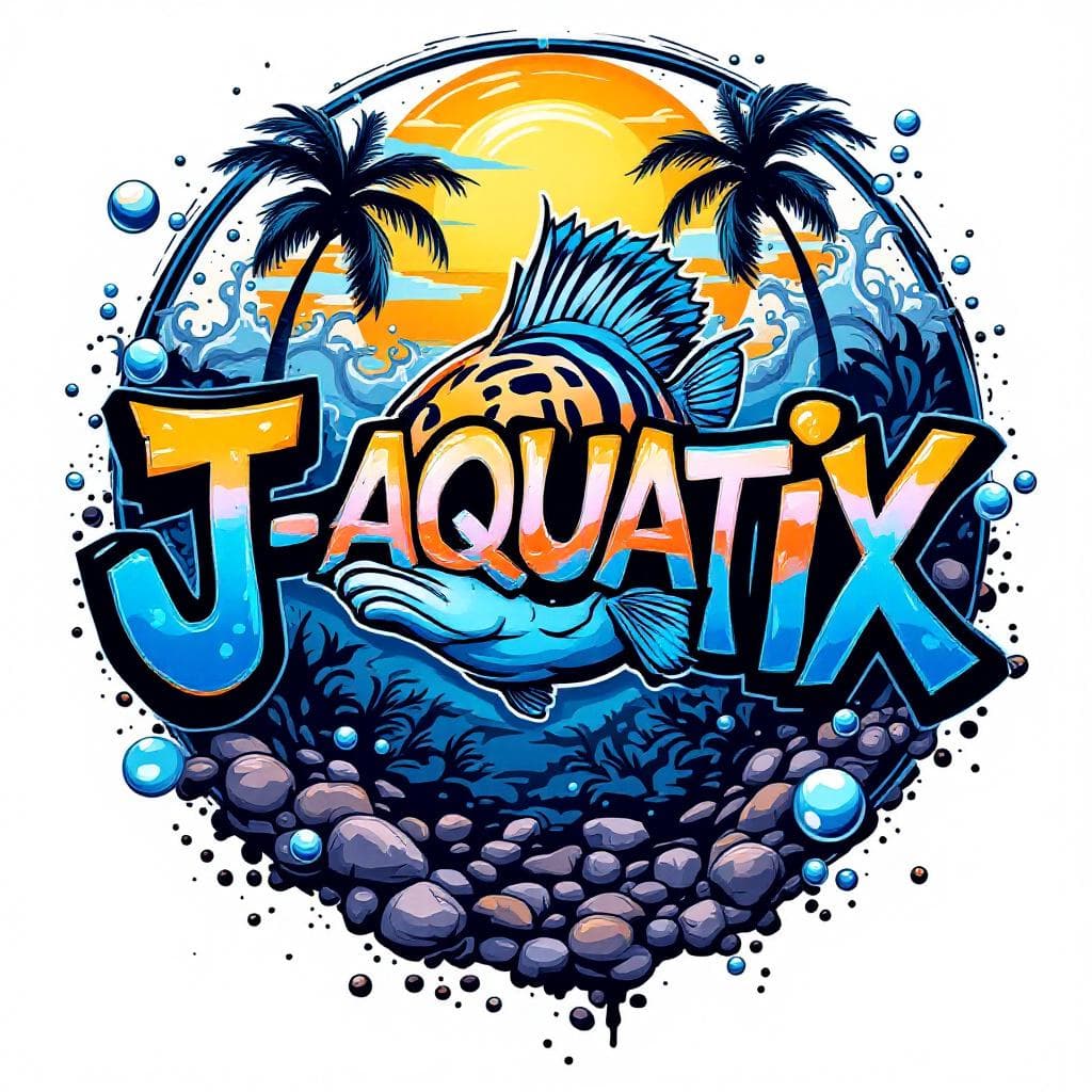 bubble art: Design a GRAFFITI logo for "J-AQUATIX" on a plain white background.Circular motif. Include the Caricature of an African Zebra cichlid frowning. Hawaiian Aesthetic. palm trees, sun, Bubbles and water splashes..Synthwave colors.. This bubble graffiti piece represents a unique interpretation of "Design a GRAFFITI logo for "J-AQUATIX" on a plain white background.Circular motif. Include the Caricature of an African Zebra cichlid frowning. Hawaiian Aesthetic. palm trees, sun, Bubbles and water splashes..Synthwave colors.".