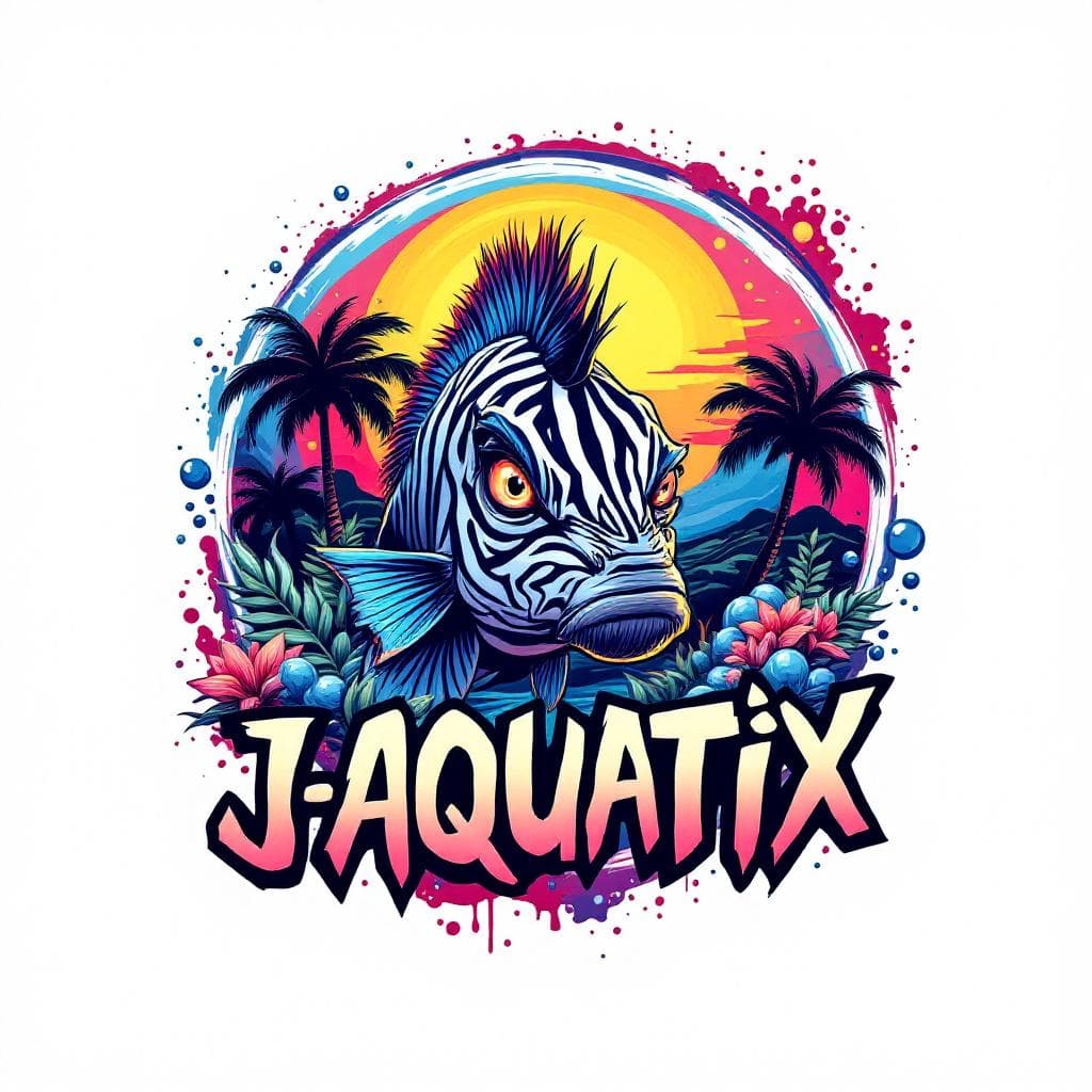 block art: Design a GRAFFITI logo for "J-AQUATIX" on a plain white background.Circular motif. Include the Caricature of an African Zebra cichlid frowning. Hawaiian Aesthetic. palm trees, sun, Bubbles and water splashes..Synthwave colors.. This block graffiti piece represents a unique interpretation of "Design a GRAFFITI logo for "J-AQUATIX" on a plain white background.Circular motif. Include the Caricature of an African Zebra cichlid frowning. Hawaiian Aesthetic. palm trees, sun, Bubbles and water splashes..Synthwave colors.".