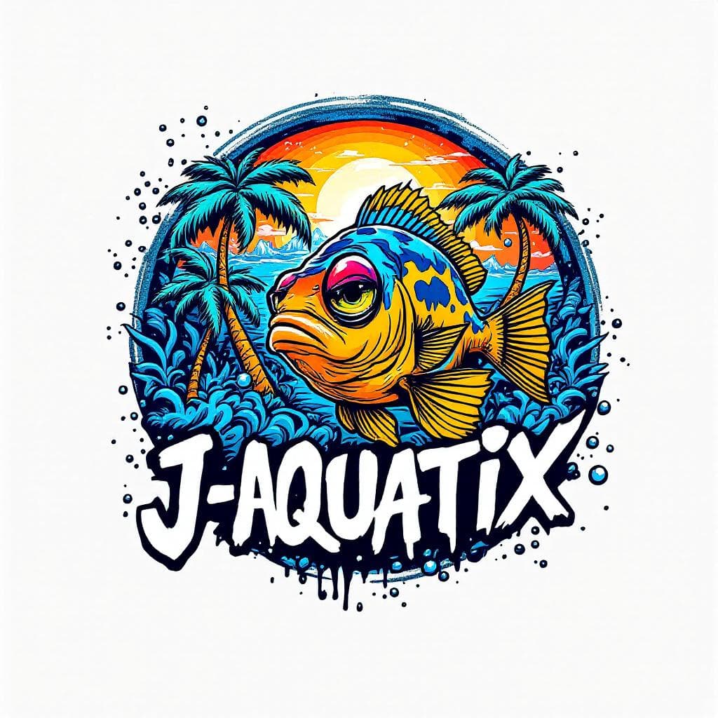 block graffiti: Design a GRAFFITI logo for "J-AQUATIX" on a plain white background.Circular motif. Include the Caricature of an African cichlid frowning. Hawaiian Aesthetic. palm trees, sun, Bubbles and water splashes..Synthwave colors.