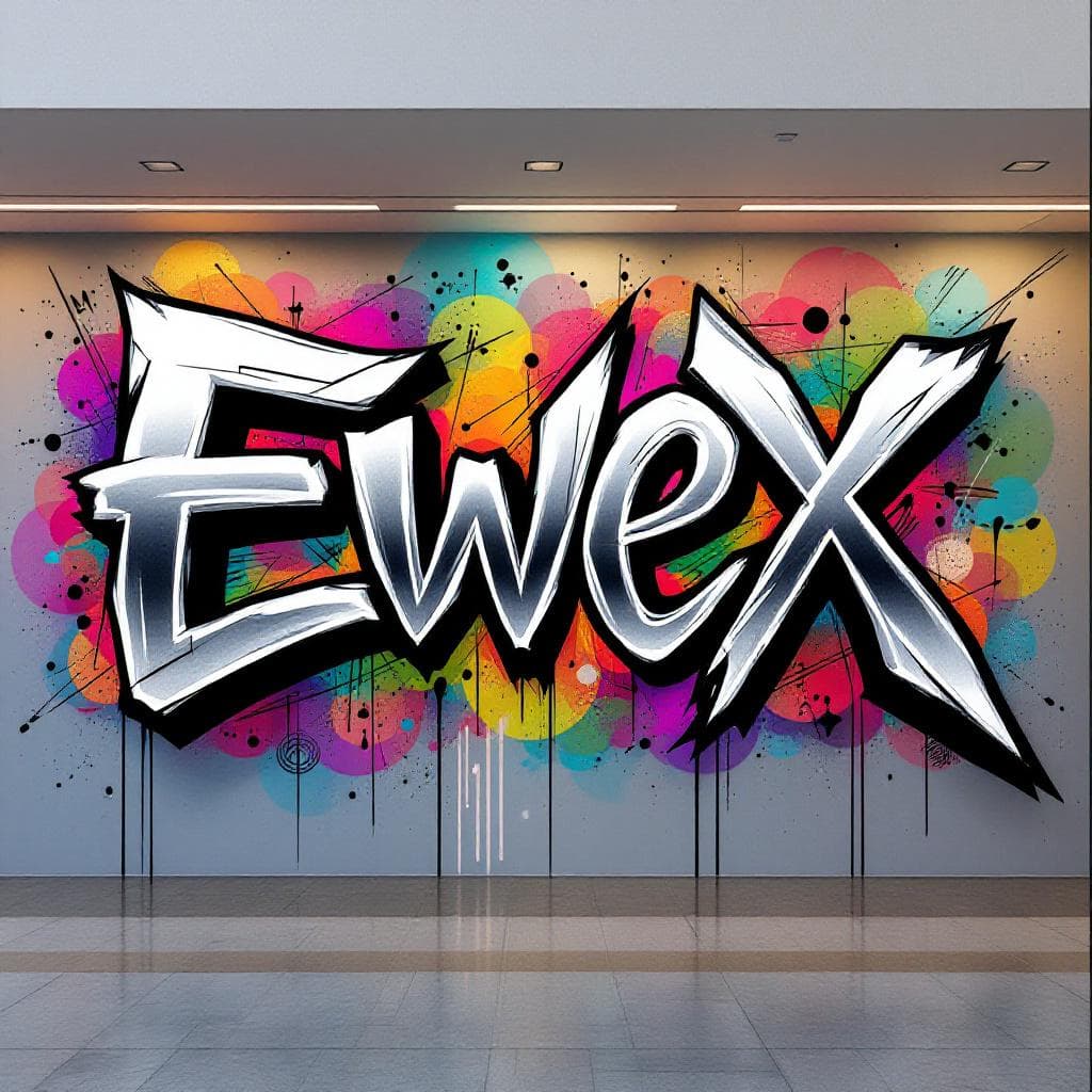 > Design a graffiti tag that reads โEwexโ using the futuristic blackletter style from the Torus Science alphabet. Each letter should flow into the next, with elegant line curves, blurred spray effects, and light gray mist around the strokes. Add slight depth and metallic shine, like ink mixed with chrome spray.