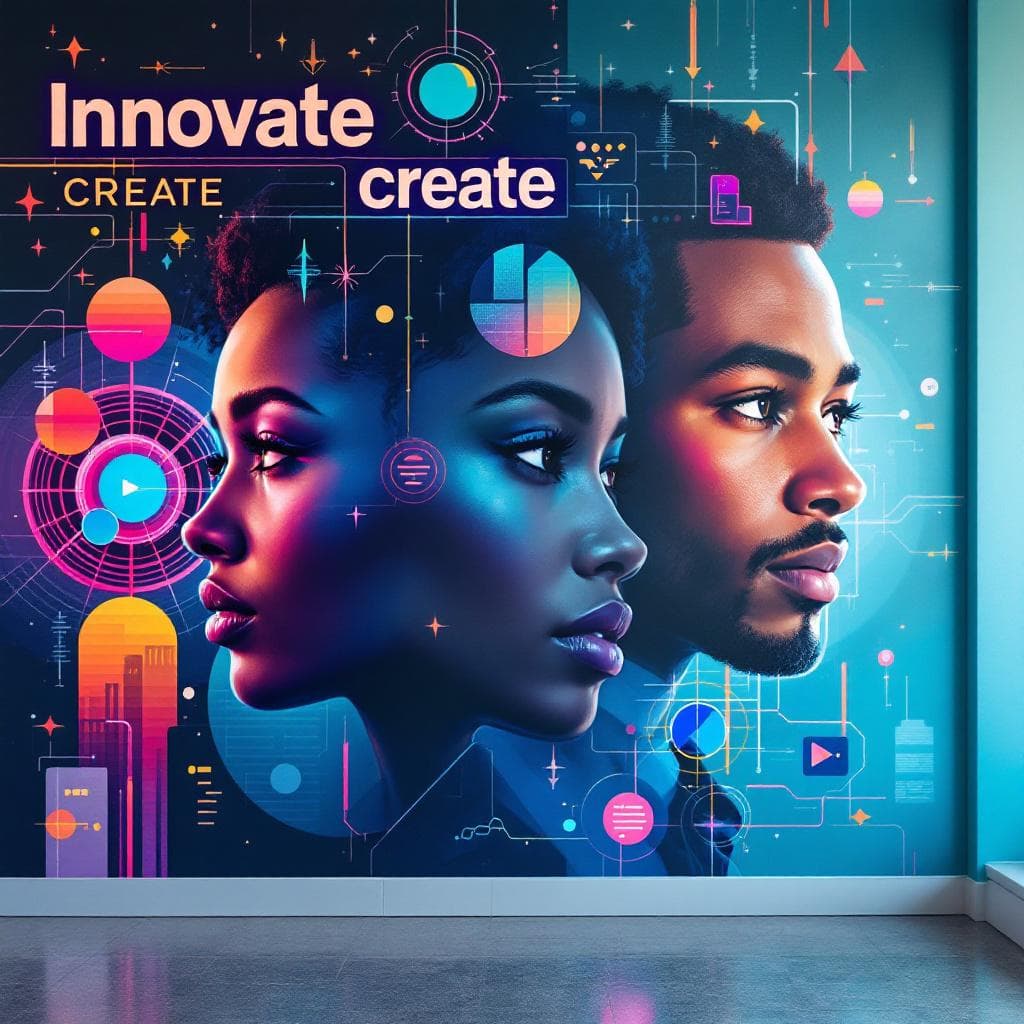 Design a motivational and modern graffiti mural for a creative office space. Incorporate words like 'Innovate', 'Create', and 'Collaborate' alongside vibrant abstract patterns, futuristic cityscapes, and digital elements. Use a cool color palette with neon accents to inspire energy and productivity