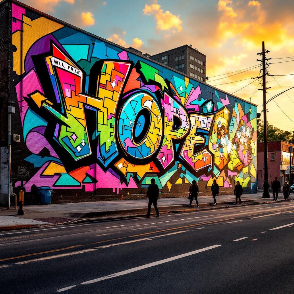 wildstyle art: Design a mural that showcases the diversity and dreams of the local community. Include children, families, cultural symbols, and inspiring quotes or words like 'hope', 'unity', and 'future'. The style should be colorful, welcoming, and uplifting, with room for contributions from community members.. Discover the artistic vision behind "Design a mural that showcases the diversity and dreams of the local community. Include children, families, cultural symbols, and inspiring quotes or words like 'hope', 'unity', and 'future'. The style should be colorful, welcoming, and uplifting, with room for contributions from community members." in this wildstyle masterpiece.