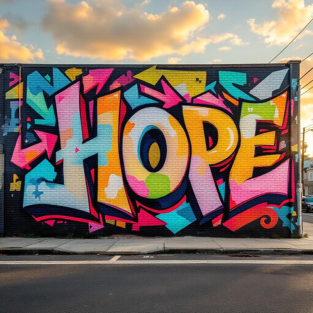 wildstyle art: Design a mural that showcases the diversity and dreams of the local community. Include children, families, cultural symbols, and inspiring quotes or words like 'hope', 'unity', and 'future'. The style should be colorful, welcoming, and uplifting, with room for contributions from community members. Explore this stunning wildstyle creation that brings "Design a mural that showcases the diversity and dreams of the local community. Include children, families, cultural symbols, and inspiring quotes or words like 'hope', 'unity', and 'future'. The style should be colorful, welcoming, and uplifting, with room for contributions from community members" to life.