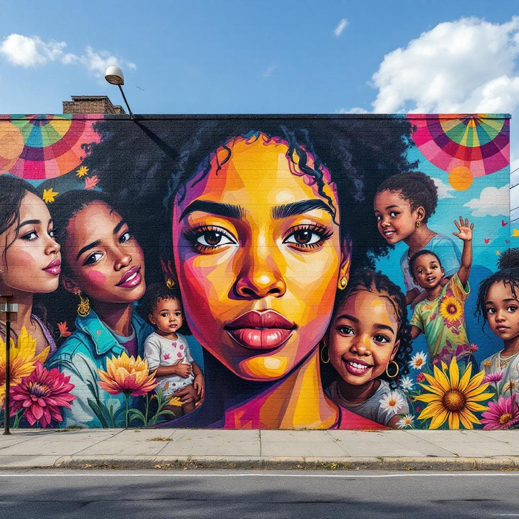 Design a mural that showcases the diversity and dreams of the local community. Include children, families, cultural symbols, and inspiring quotes or words like 'hope', 'unity', and 'future'. The style should be colorful, welcoming, and uplifting, with room for contributions from community members
