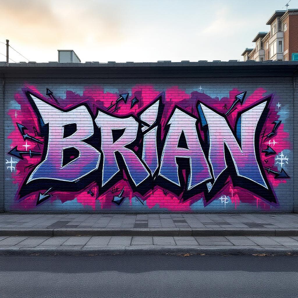 wildstyle art: Ein Graffiti mit dem Namen "Brian",
im Emo-Stil (dunkle Farben wie Schwarz, Lila, Dunkelrot)
mit 3D-Effekt
tropfender, düsterer Textur
auf einer urbanen Wand. Explore this stunning wildstyle creation that brings "Ein Graffiti mit dem Namen "Brian",
im Emo-Stil (dunkle Farben wie Schwarz, Lila, Dunkelrot)
mit 3D-Effekt
tropfender, düsterer Textur
auf einer urbanen Wand" to life.