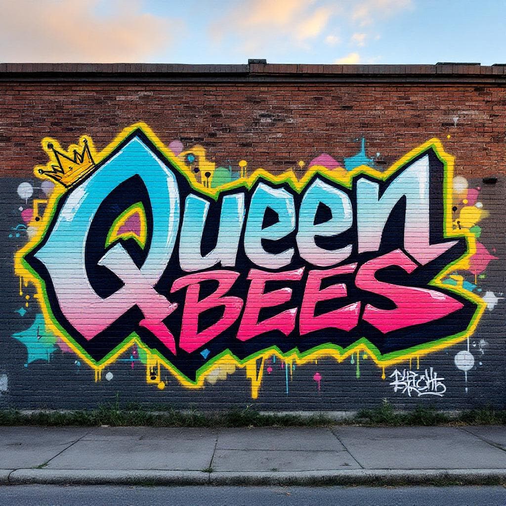 wildstyle graffiti: full name 'Queen Bees' make the lettering hip and edgy. Put a crown on top of the 'Q' and a bee stinger on the end of the 'S'