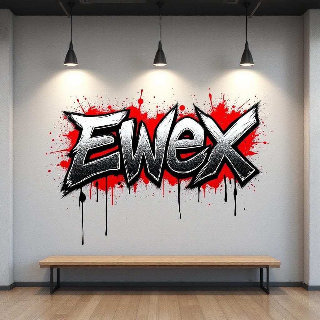 classic graffiti:
> Generate a graffiti tag for the word “Ewex” inspired by the Torus Science graffiti alphabet. The letters should be bold, pointed, and angular, with heavy drips and airbrush shading. Add subtle red spray splashes around the text, keeping the overall tone dark and raw like street art on a concrete wall.