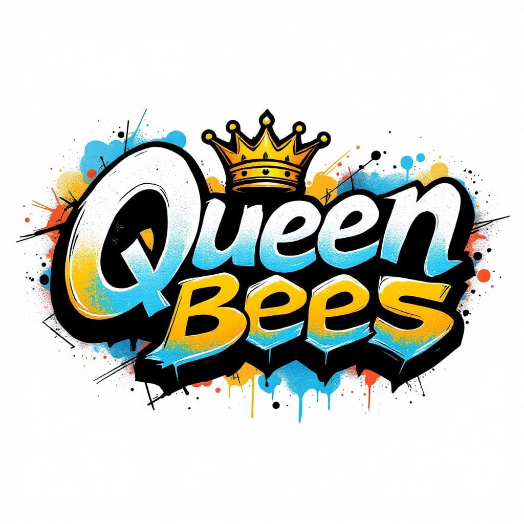 I want a logo with the name 'Queen Bees' in full color style. I need there to be a crown on top of the 'Q' and I need the tail of the 'S' slightly elongated and made to look like a bee's stinger