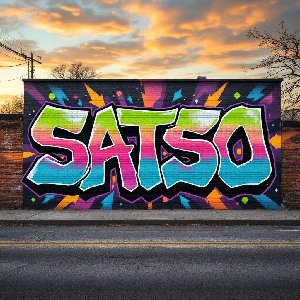 wildstyle graffiti: I want you create a graffiti with the name "SATSO", the letter "S" i want to be the same, make it as real as you can
