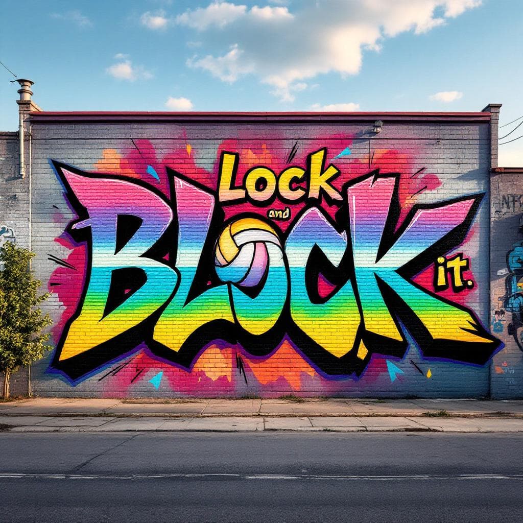 wildstyle art: logo with the name 'Pop, Lock, and Block It' with a pride rainbow ombre effect in a wildstyle font with very sharp lettering and a volleyball in style as the 'O' in 'Block'. Witness the creative fusion of "logo with the name 'Pop, Lock, and Block It' with a pride rainbow ombre effect in a wildstyle font with very sharp lettering and a volleyball in style as the 'O' in 'Block'" expressed through wildstyle artistry.