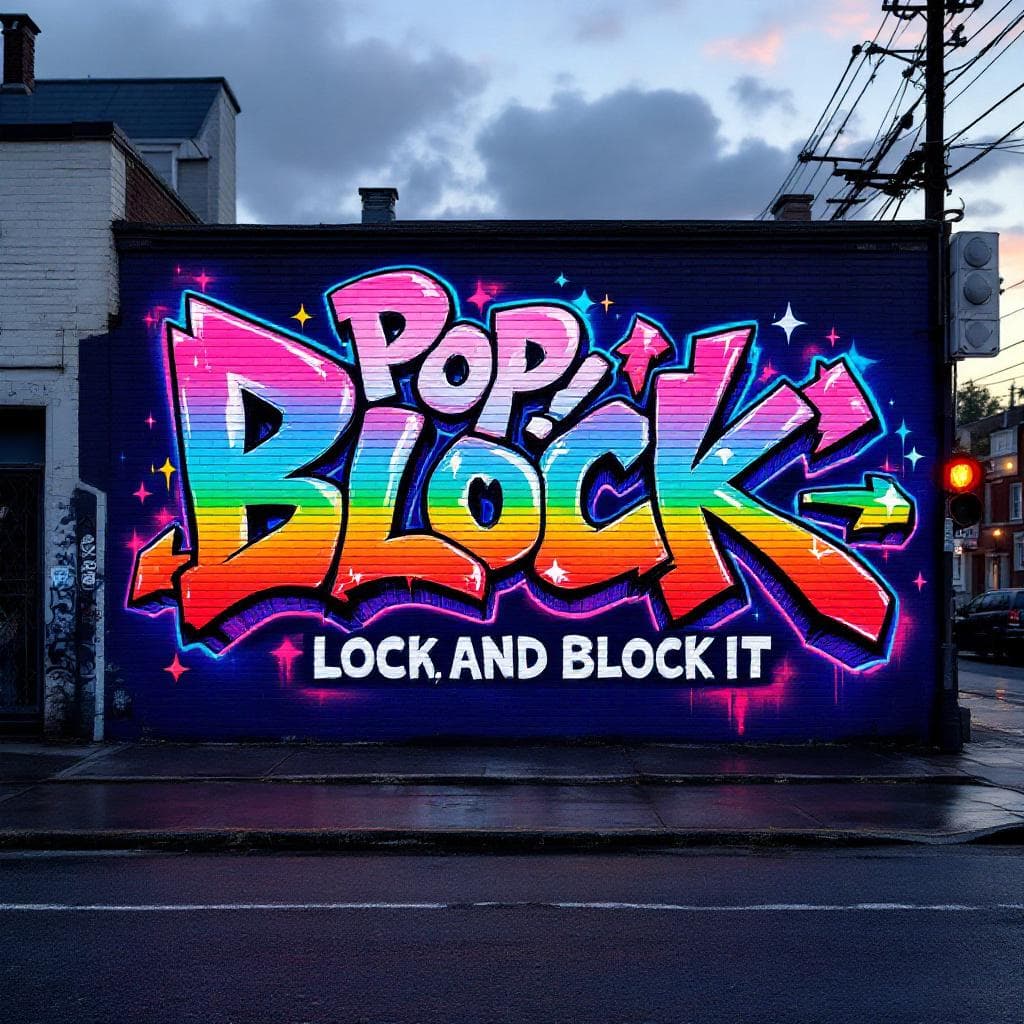 wildstyle art: logo with the name 'Pop, Lock, and Block It' with a traditional rainbow ombre effect and wildstyle font with sharp lettering with arrows and dripping paint. Discover the artistic vision behind "logo with the name 'Pop, Lock, and Block It' with a traditional rainbow ombre effect and wildstyle font with sharp lettering with arrows and dripping paint" in this wildstyle masterpiece.