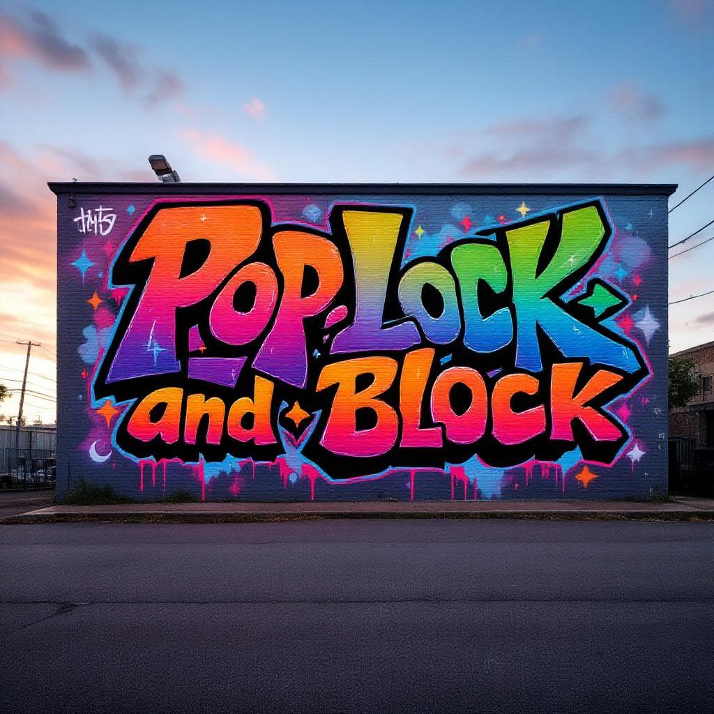wildstyle art: logo with the name 'Pop, Lock, and Block It' with a tradition rainbow ombre effect throughout the logo and a 3-D wildstyle font with sharp lettering and dripping paint. This wildstyle graffiti piece represents a unique interpretation of "logo with the name 'Pop, Lock, and Block It' with a tradition rainbow ombre effect throughout the logo and a 3-D wildstyle font with sharp lettering and dripping paint".