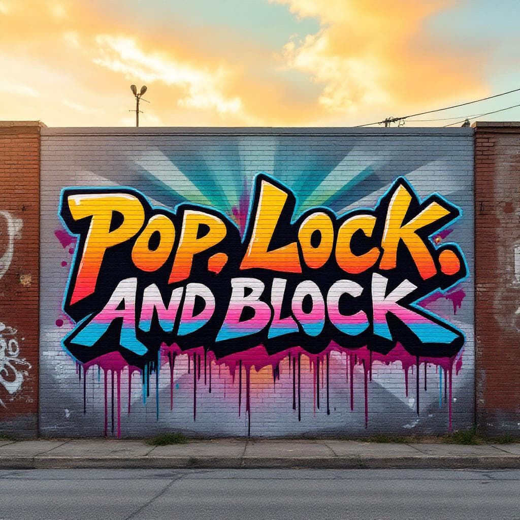 wildstyle art: logo with the name 'Pop, Lock, and Block It' with a tradition rainbow ombre effect from top to bottom and a thin wildstyle font with sharp and angular lettering and dripping paint on the bottom. Discover the artistic vision behind "logo with the name 'Pop, Lock, and Block It' with a tradition rainbow ombre effect from top to bottom and a thin wildstyle font with sharp and angular lettering and dripping paint on the bottom" in this wildstyle masterpiece.