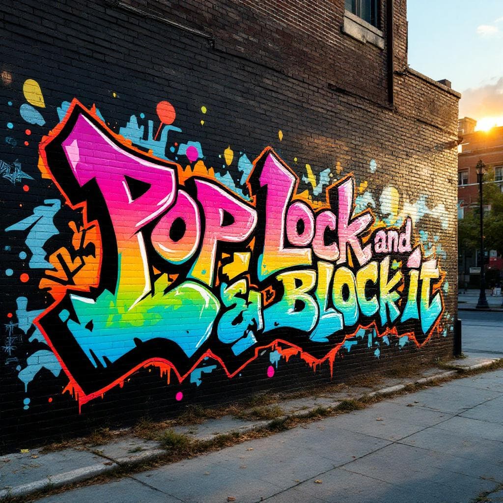 logo with the name 'Pop, Lock, and Block It' with a tradition rainbow ombre effect and a very detailed wildstyle font