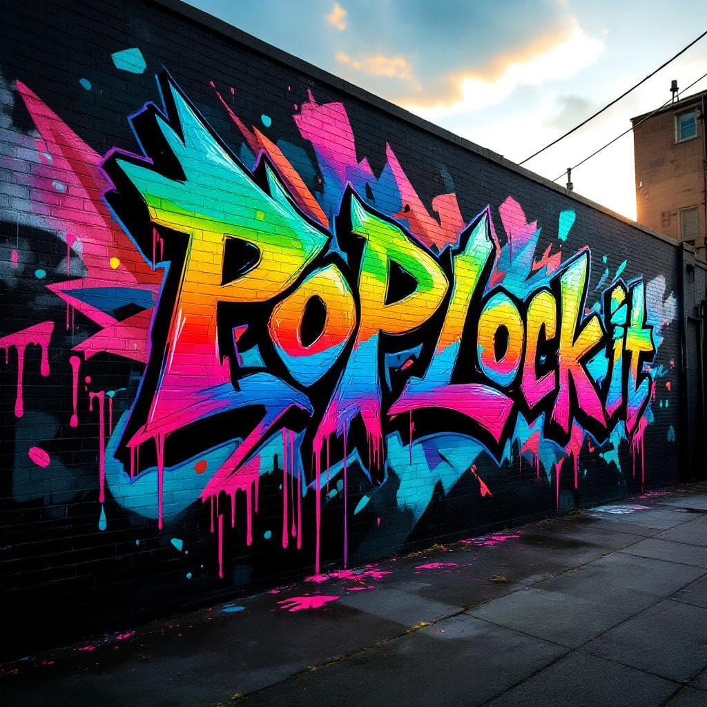 wildstyle art: logo with the name 'Pop, Lock, and Block It' with a tradition rainbow ombre effect and wildstyle font with sharp lettering and dripping paint. This wildstyle graffiti piece represents a unique interpretation of "logo with the name 'Pop, Lock, and Block It' with a tradition rainbow ombre effect and wildstyle font with sharp lettering and dripping paint".