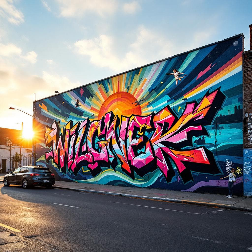 wildstyle art: Mural sun rise in a sea, while people go to work, children play, pilot flying. Experience the bold expression of "Mural sun rise in a sea, while people go to work, children play, pilot flying" in this captivating wildstyle design.