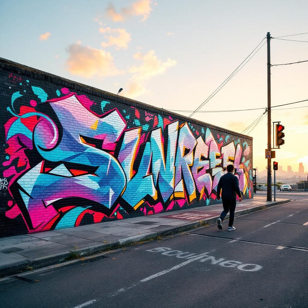 wildstyle art: mural with image "sunrise, beach, play, surfing". Explore this stunning wildstyle creation that brings "mural with image "sunrise, beach, play, surfing"" to life.