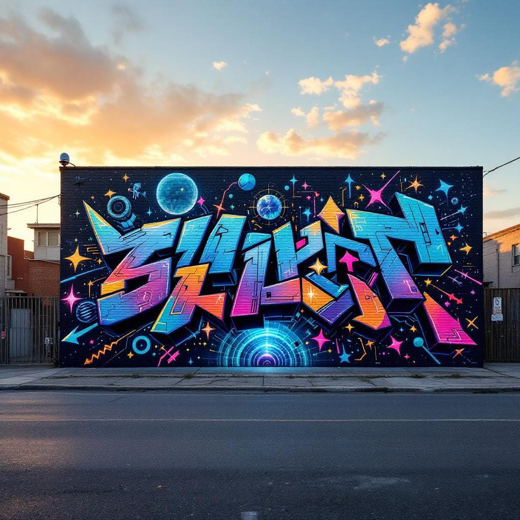 wildstyle art: Paint a mural that visualizes a utopian future where technology, art, and nature coexist. Show futuristic cities powered by renewable energy, humans and robots collaborating, and interstellar elements like stars or portals. Use neon accents and imaginative architecture to evoke awe. Experience the bold expression of "Paint a mural that visualizes a utopian future where technology, art, and nature coexist. Show futuristic cities powered by renewable energy, humans and robots collaborating, and interstellar elements like stars or portals. Use neon accents and imaginative architecture to evoke awe" in this captivating wildstyle design.