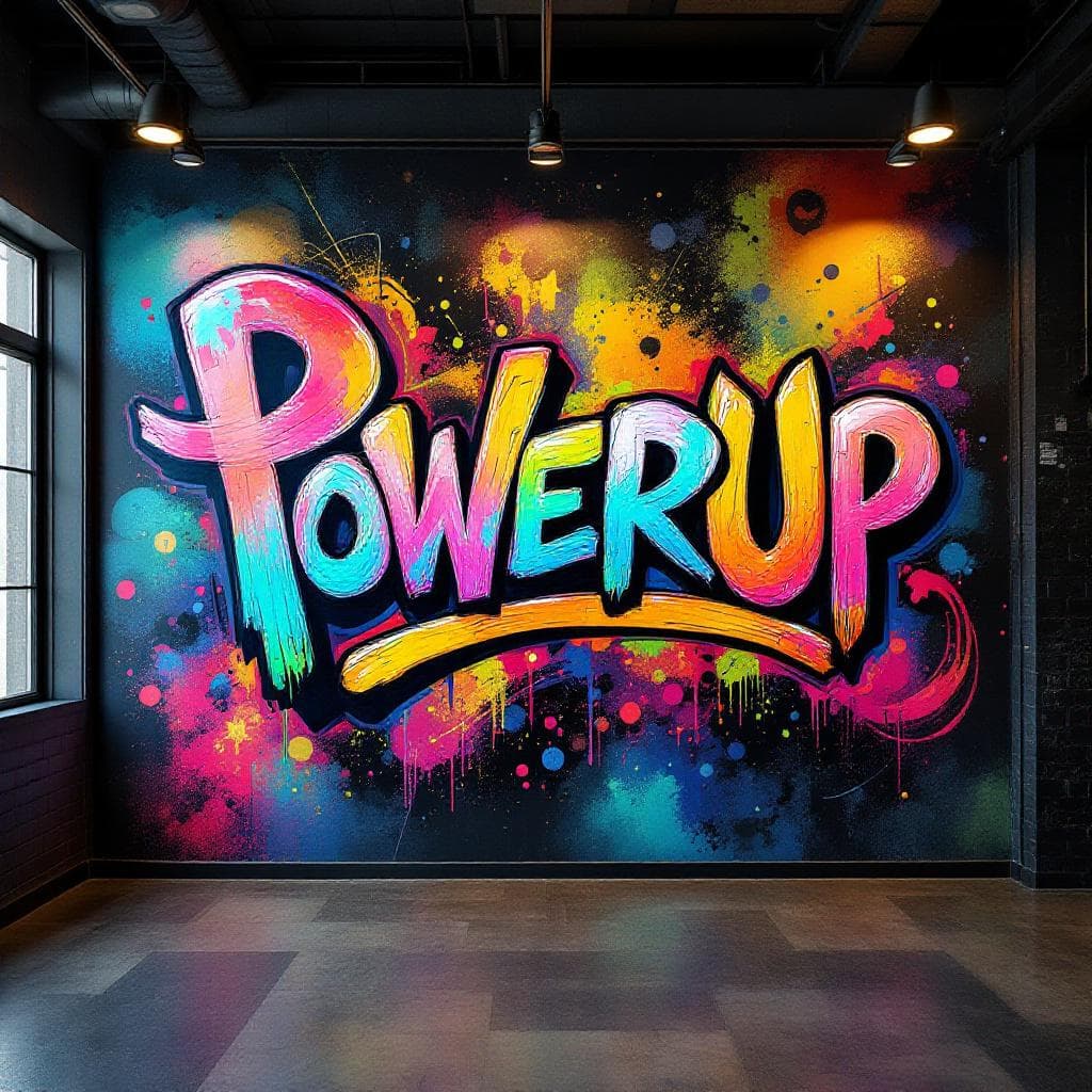 blockbuster art: "Powerup" text graffiti. This blockbuster graffiti piece represents a unique interpretation of ""Powerup" text graffiti".