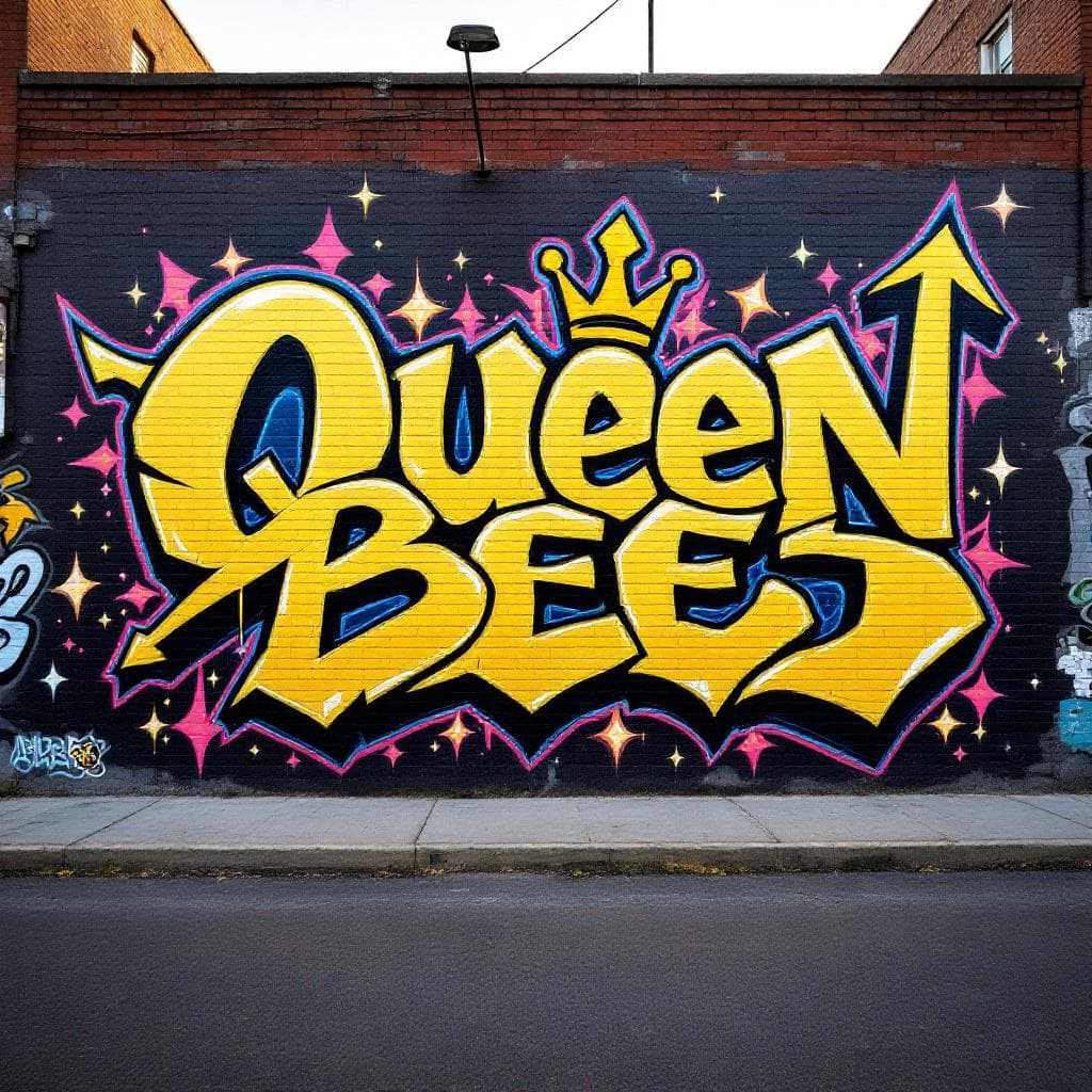 wildstyle graffiti: sharp artistic lettering. Full name 'Queen Bees'. Use yellow as the primary color with a few hints of black. Put a crown on top of the 'Q' and a bee stinger on the end of the 'S'