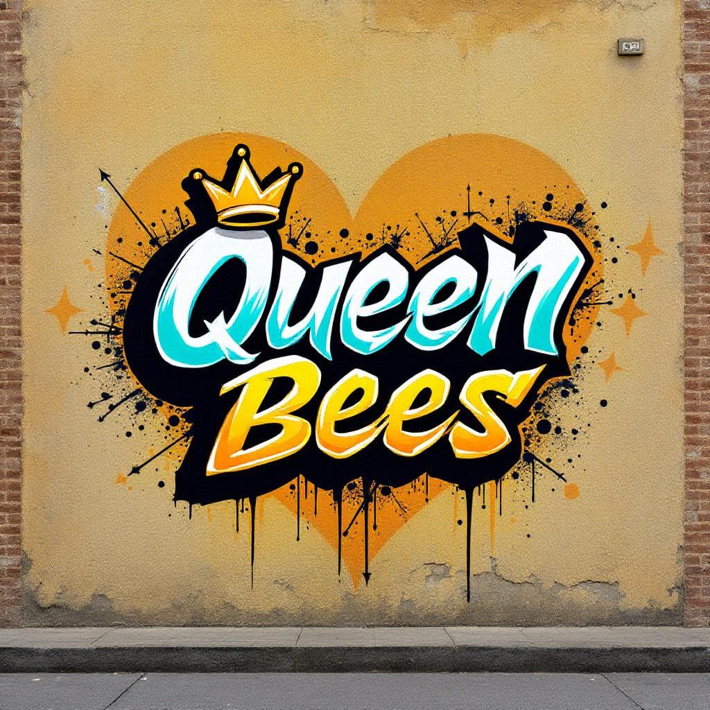 the name 'Queen Bees' with a crown specifically on top of the 'Q' and make the 'S' have a longer tail at the end with a bee stinger